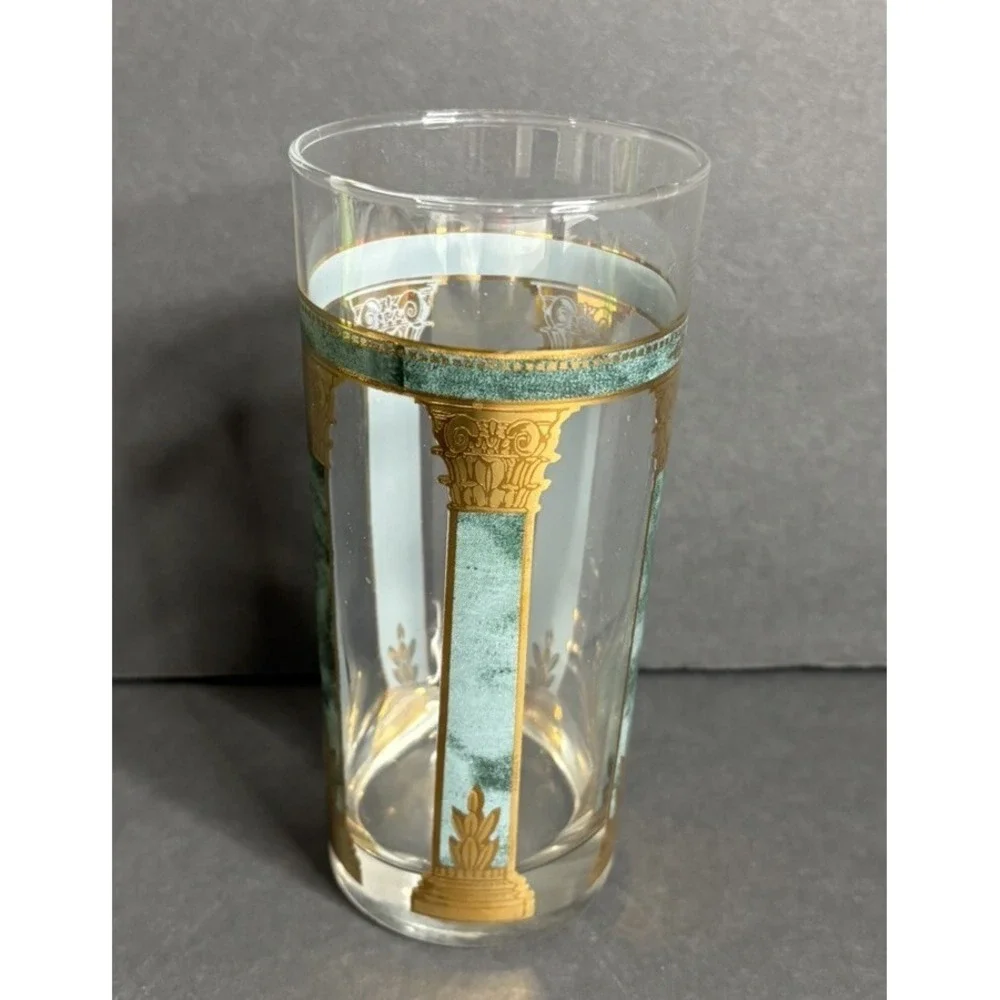 5 Vintage Culver Highball Glasses Athens Greek Columns Green Gold Retro
